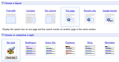 Configuration of Google Custom Search layouts