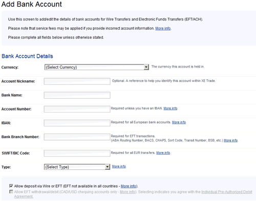 XE Trade: Adding a bank account