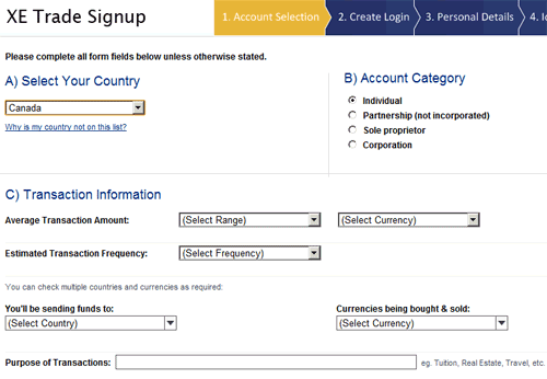 XE Trade: signup step 1