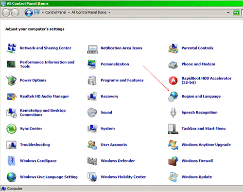 Control panel region and language settings