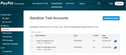 PayPal sandbox accounts