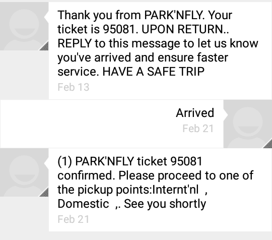Park'N Fly text message