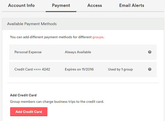 Configure which credit cards can be used by which groups